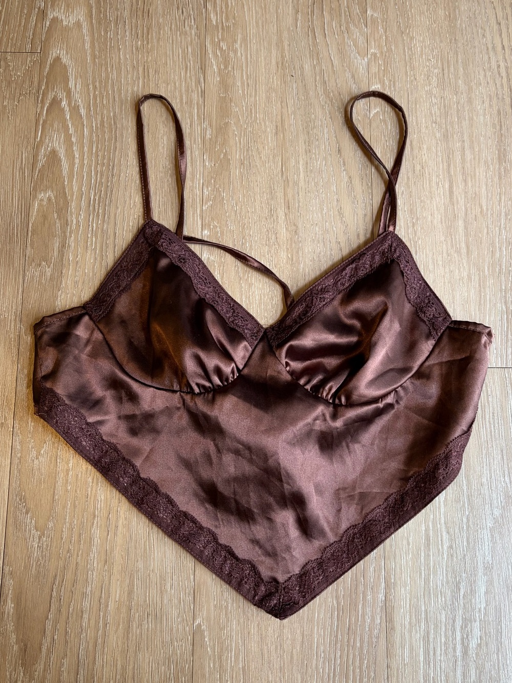 Satin/Silk Lace Trim Camisole Tank Top - Brown